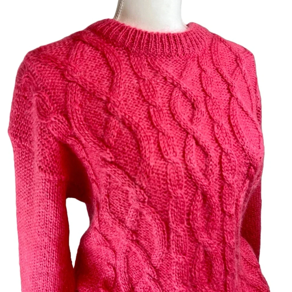 Vintage CRYSTAL Pink Mohair Wool Cable Knit Pullover Sweater Medium Crew Neck - Picture 5 of 13
